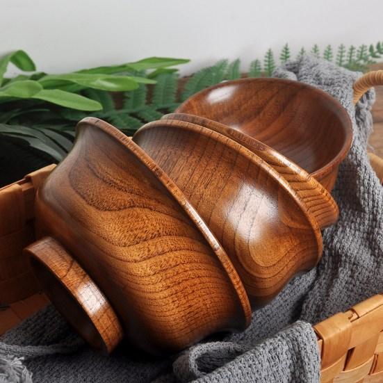 190/240/300/425/475ml Wooden Bowl Reusable Reverse Edge Round Thickened Anti-scalding High-footed Mongolia Style Rice Bowl Kitchen