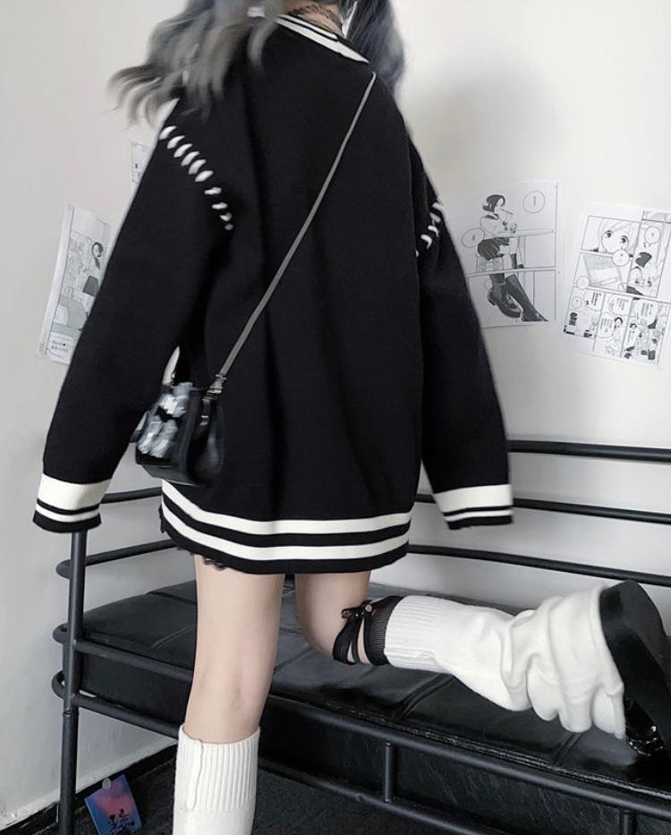 Женские толстовки большого размера Y2K в черную полоску в стиле Харадзюку, толстовки с буквенным принтом в стиле гранж, свободные повседневные топы с v-образным вырезом в готическом стиле