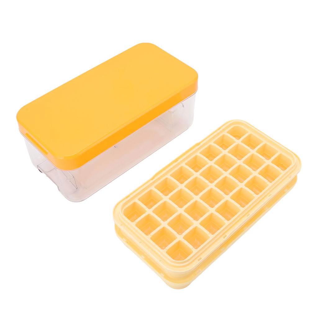 Ice Cubes Tray Molds Bin with Lid Ice Scoop Storage Bin and Storage 2 Layers 64 Cubes Silicone Easy Release Yellow