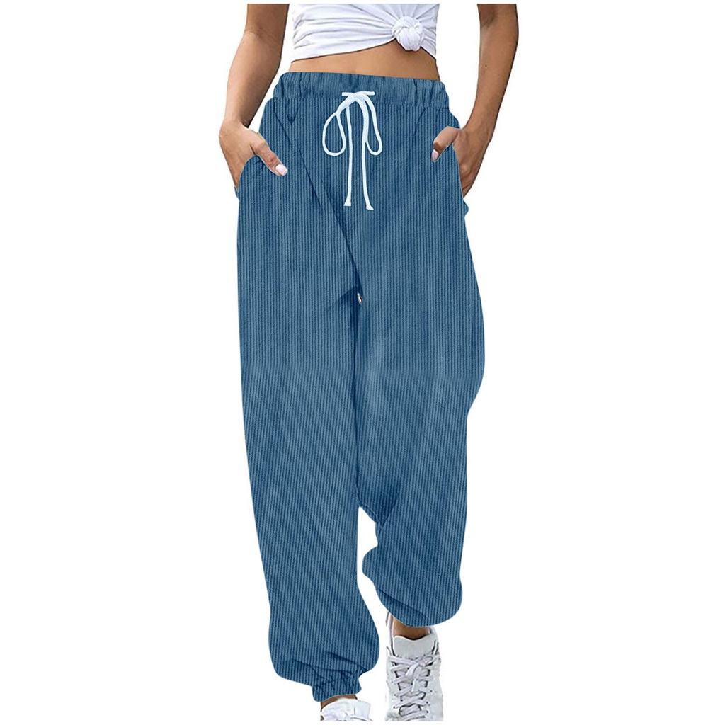 Women's Solid Colour Elastic Drawstring Waist Corduroy Drawstring Casual Side Pocket Trousers