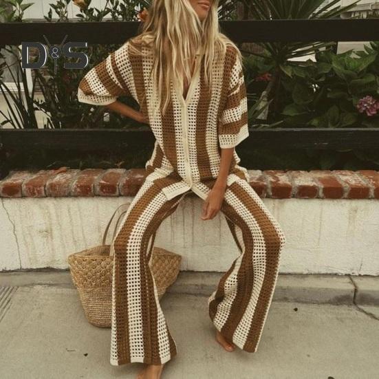 2 шт./компл., женская рубашка и брюки, комплект трикотажных полых V-образным вырезом, однобортная блузка с рукавами три четверти, высокая талия, широкие брюки, пляжный наряд