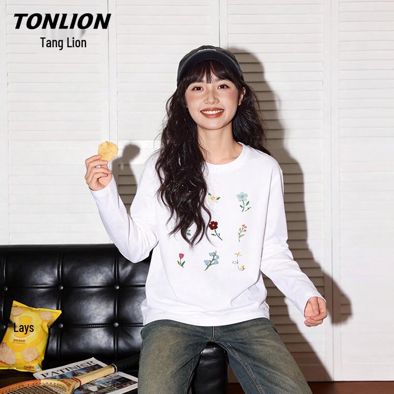 Женская футболка TonLion свободного кроя, из чистого хлопка, с цветочной вышивкой, с длинным рукавом