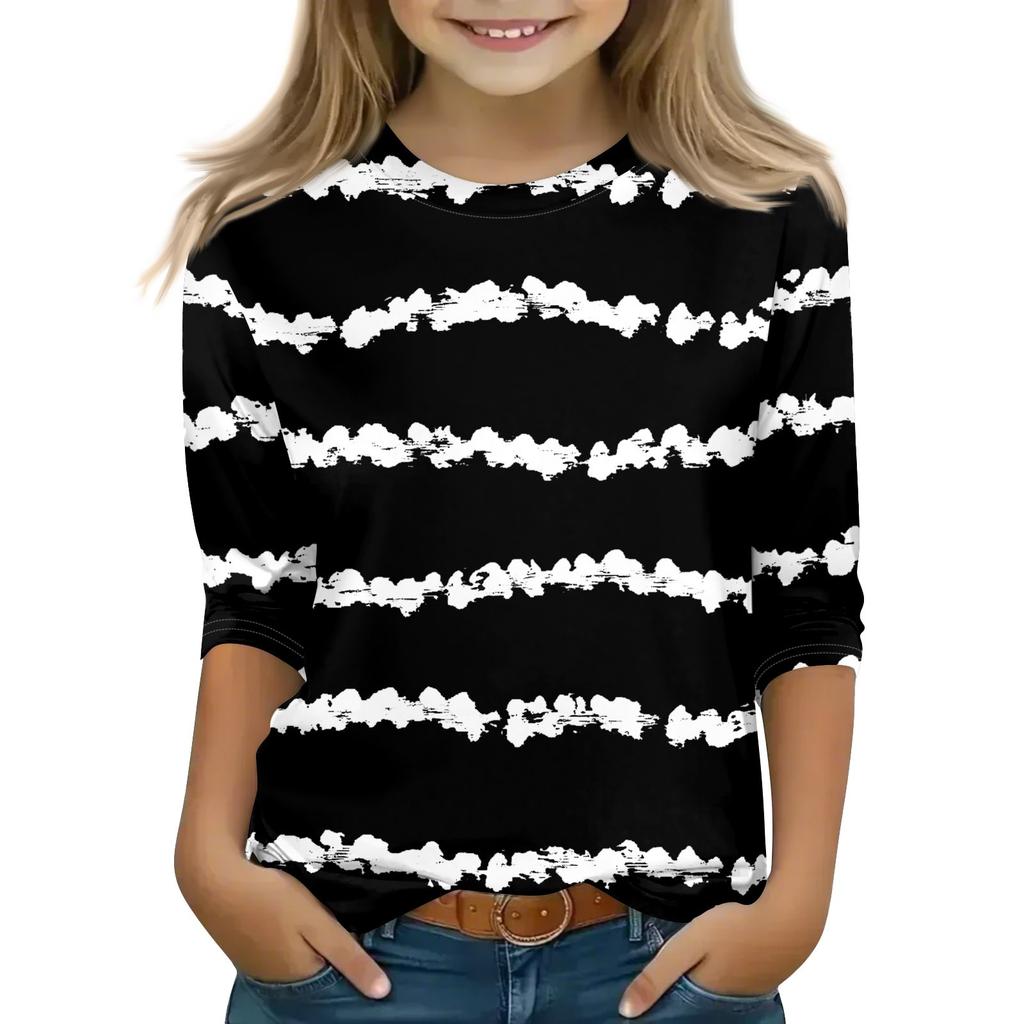 Print Tops For Youth Girls 5-16 Years Round Neck 3/4 Sleeves T-Shirts Trendy Tops Outfit Tees