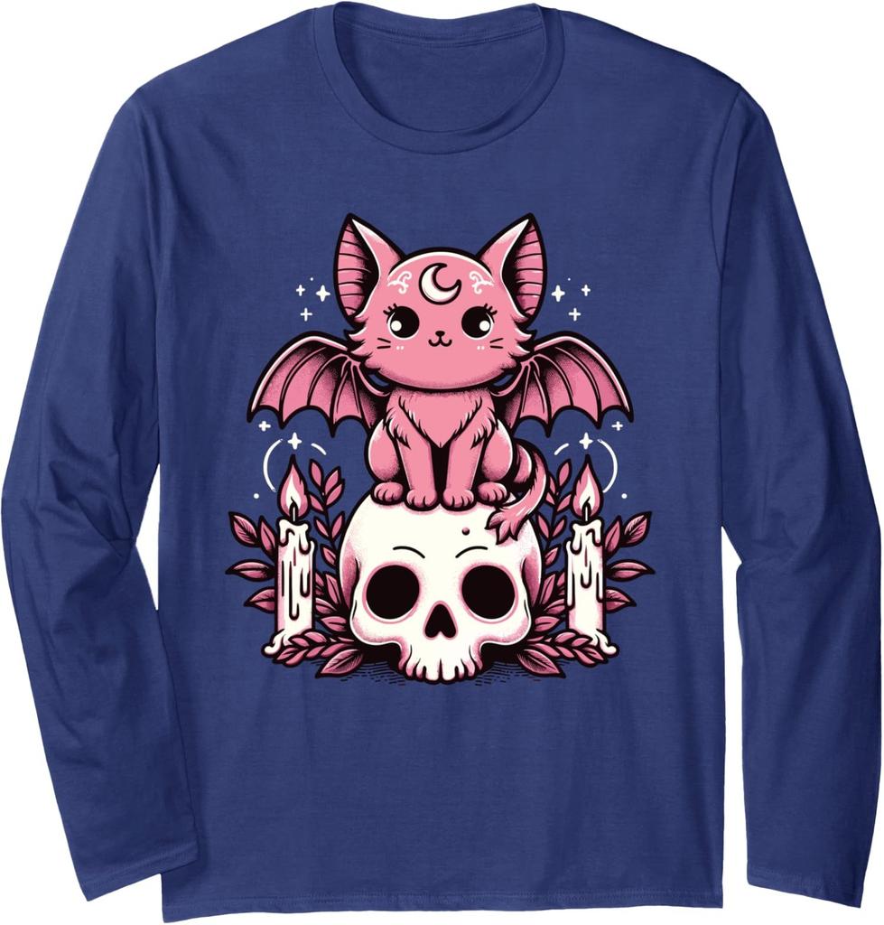 Kawaii Pastel Goth Cute Creepy Cat Bat Skeleton Long Sleeve Tshirt