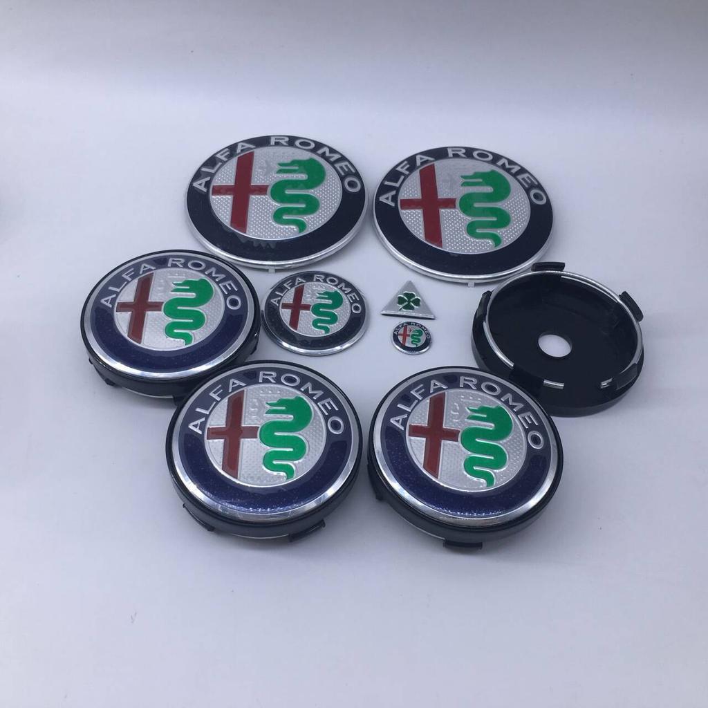 EGJCU1 1sets 9pcs For Alfa Romeo new black T60 060 60mm black caps 74mm Steering Wheel Badge Car Hood Front Emblem Giulia Stelvio Mito