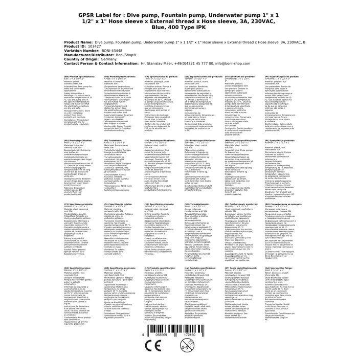 Submersible Pump 230V, 0.4kW, 7.5m³/h, with Float