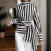 Women Casual Turtleneck Loose Long Sleeve Stripe Blouse