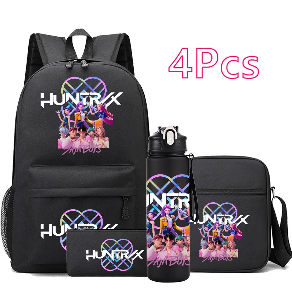 4 шт./компл. Аниме Мультфильм K-Pop Принт Рюкзак с бутылкой для воды 750 мл для Подростка Студента Девочки Мальчика Книжная сумка Детский Подарок Большая Вместимость Дорожная Сумка