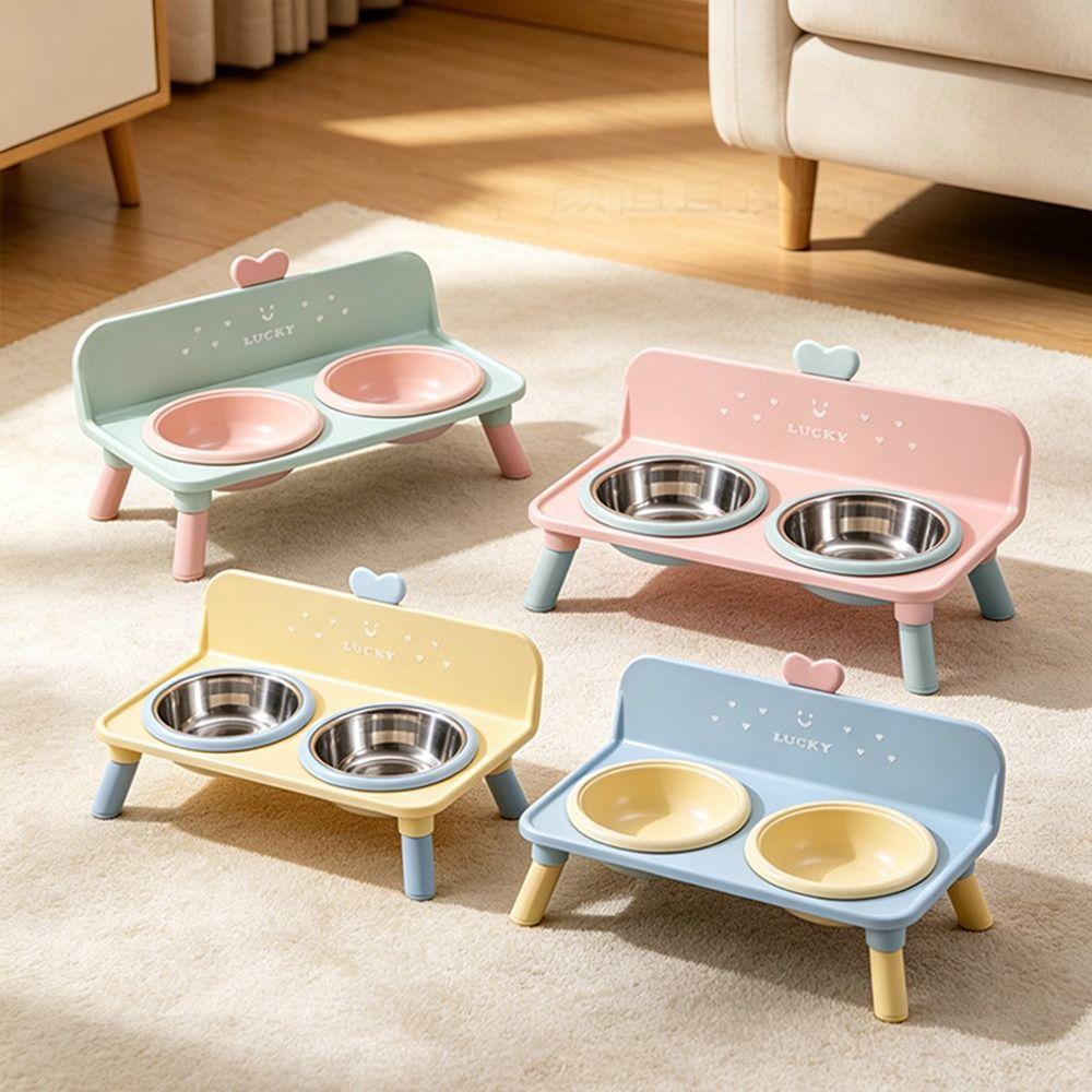 Love-heart Double Bowl Pet High-foot Bowl Anti-slip Cat Feeder Bowl Cat Bowl for Puppy and Cat