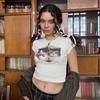 Весенне-летний сладкий и милый кошачий принт, топ с круглым вырезом и короткими рукавами, короткая стильная футболка с открытым пупком, тонкая футболка Hot Girl, нижняя футболка