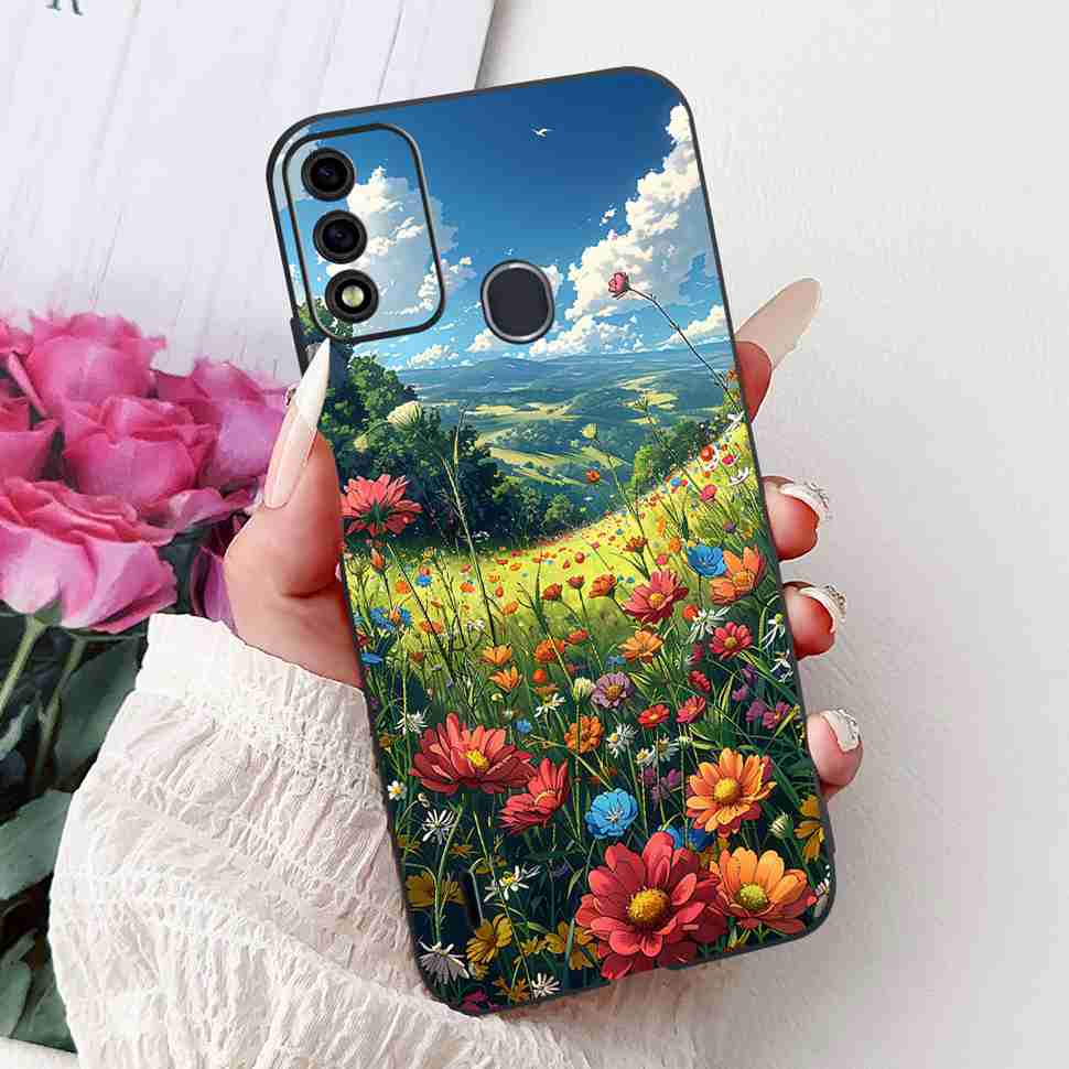 For Itel A48 6.1" Case Fashion Painting Soft Silicone TPU Black Cover For ITEL A48 itel a48 Popular Design Flowers Phone Cases