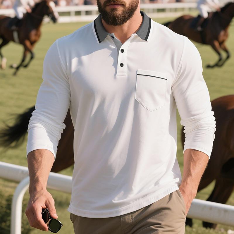Men's Loose Lapel Long Sleeve Polo Shirt Pocket Minimalist Casual.