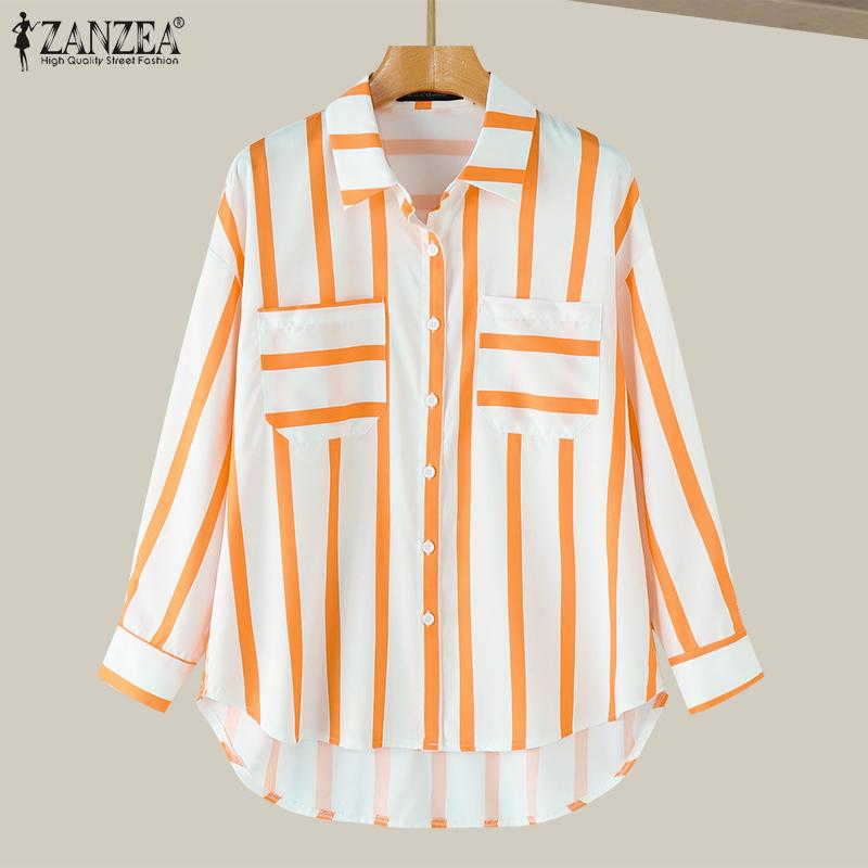 ZANZEA Женские повседневные рубашки с длинным рукавом в полоску и карманами