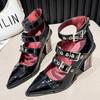 Fashion Spring New Coarse Heel Shoes Women Fashion Pointed Head Shallow Mouth Rivets Metal Buckle Line Belt High Heels