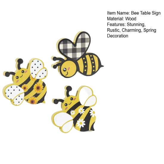 3 Pcs Wooden Bee Table Sign Spring Honey Bee Tabletop Block Sign Farmhouse Bee Centerpiece for Tiered Tray Home Mantel Shelf Desk Decor