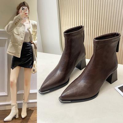 2025 осень и зима новые европейский и американский стиль острый носок толстый каблук темперамент короткие сапоги женские задняя молния высокий каблук тонкие сапоги fash