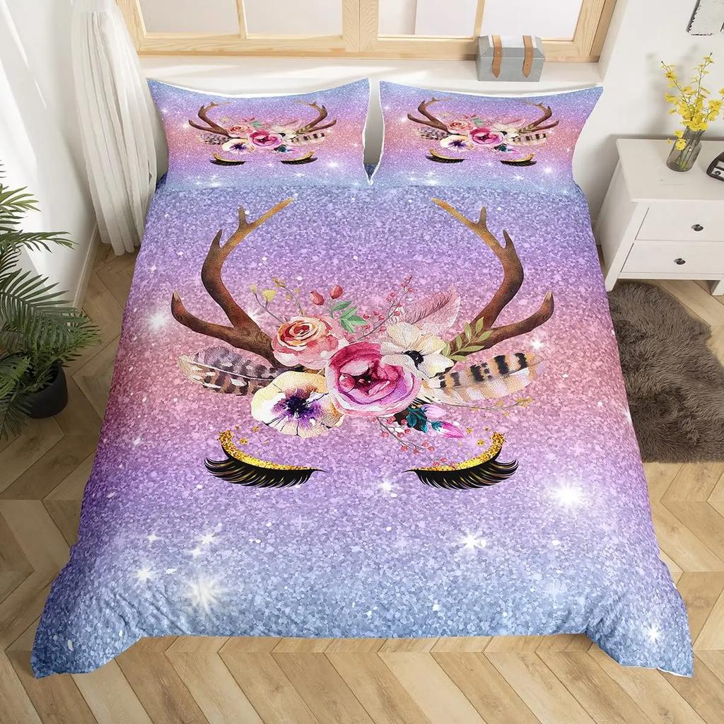 Unicorn Eyelas Duvet Cover Gradient Red and Purple Rainbow Golden Long Lashes Glittering Polyester Bedroom Decorations Women Kid