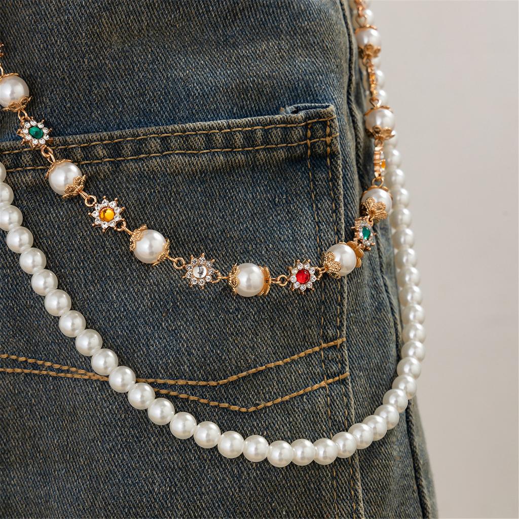 Popular Hipster Waist Chain with Flower Pearl Designs Waist Charm Street Pants Body Chain Trousers Chain Cool Accessory
