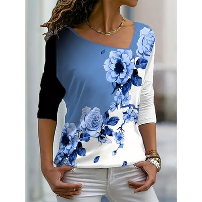 Большой размер 2025 Лето Новинка Женская футболка с принтом, с вырезом лодочкой, с длинным рукавом, свободная, повседневная, полиэстер