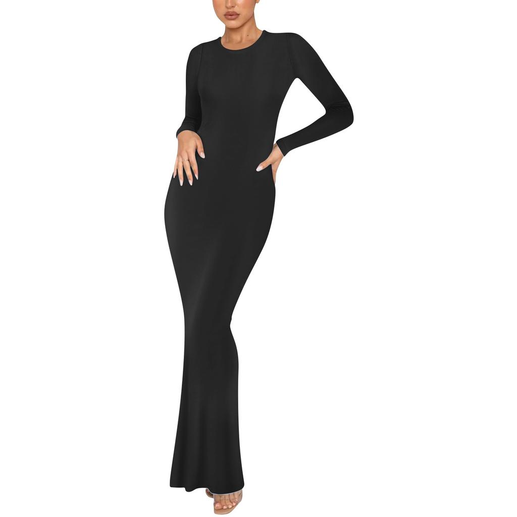 Женское модное и элегантное однотонное облегающее длинное платье с круглым вырезом и длинными рукавами