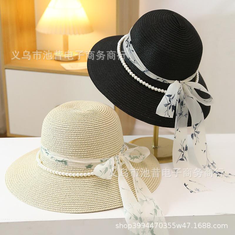 Straw hat women's summer youth pearl national style ink painting ribbon dome outdoor top hat seaside vacation sunshade sunscreen hat