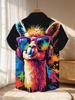 New Men's Casual Short-Sleeve Shirt, Trendy Cool Alpaca Wearing Fashion Glasses and Headphones, Vibrant Ink Splatter Style, Super Stylish, Versatile