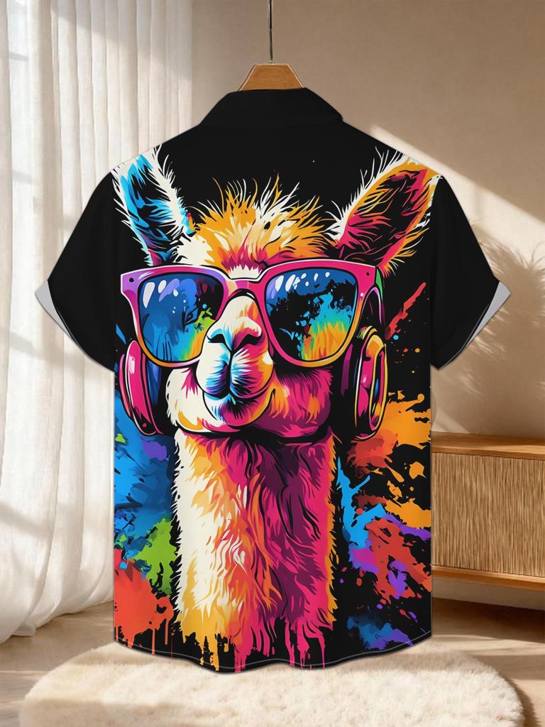 New Men's Casual Short-Sleeve Shirt, Trendy Cool Alpaca Wearing Fashion Glasses and Headphones, Vibrant Ink Splatter Style, Super Stylish, Versatile