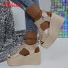 Aphixta Summer 9cm High Wedge Heel Platform Sandals Woman Sandals Gold Upper Women Zip Summer Shoes Peep Toe Sandals Big Size 43