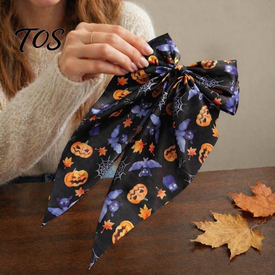 Halloween Hair Clip Silky Satin Bows for Women, Big Ribbon Bow Clips Girls, Hairstyle Accessory Oversized Long Tail Barrettes, Cute Ghost Bat