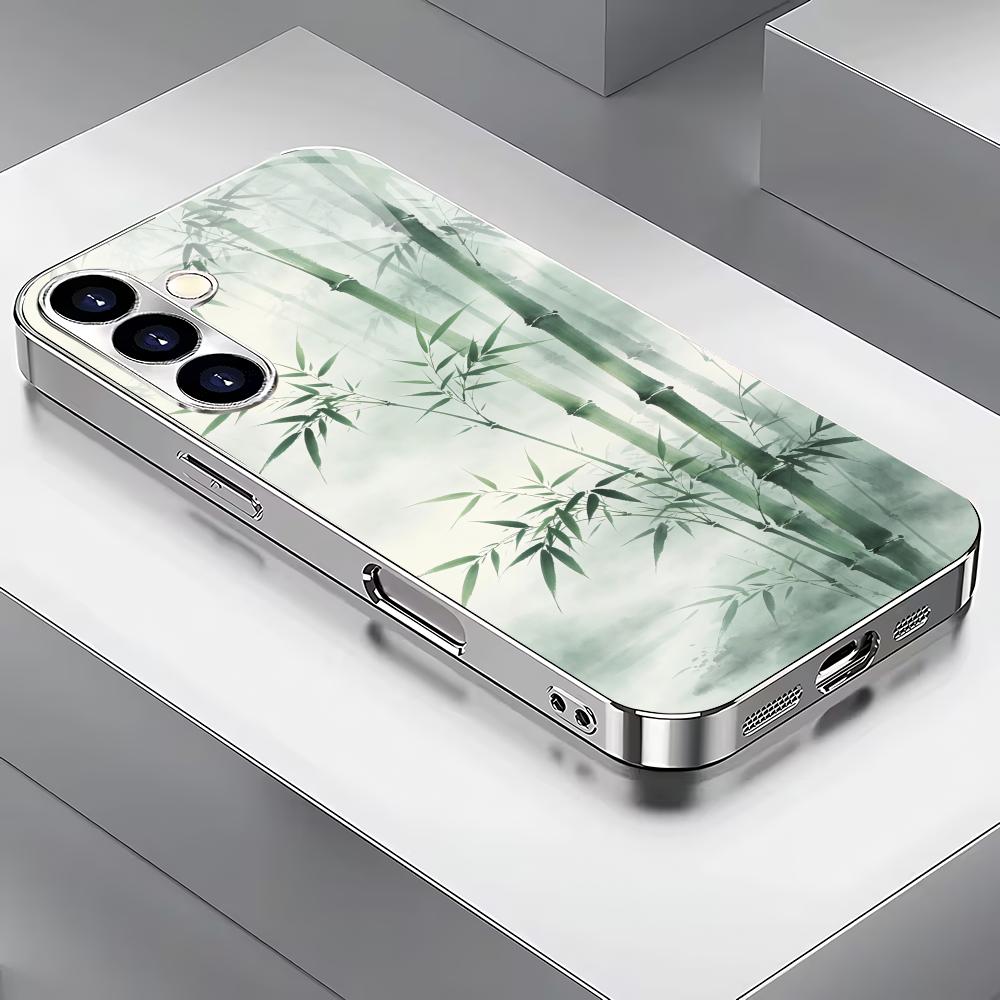 Green bamboo plated glass phone case suitable for Samsung Galaxy S26 S25 S24 S23 S22 S20 FE/Ultra/Plus anti drop back cover