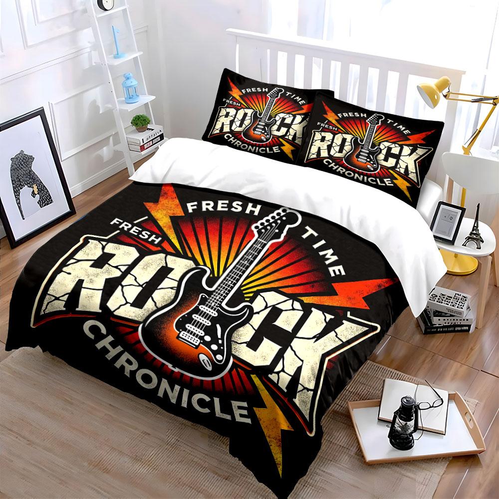 Fresh Rock Time Guitar Design Bedding Duvet Cover Set Duvet Cover Pillowcases (1*Duvet Cover 2*Pillowcases, without duvet insert)