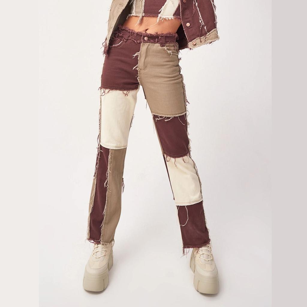 Женские свободные джинсы прямого покроя с накладными карманами, винтажные цветные контрастные нашивки, джинсы с высокой талией, узкие расклешенные джинсовые брюки, уличная одежда