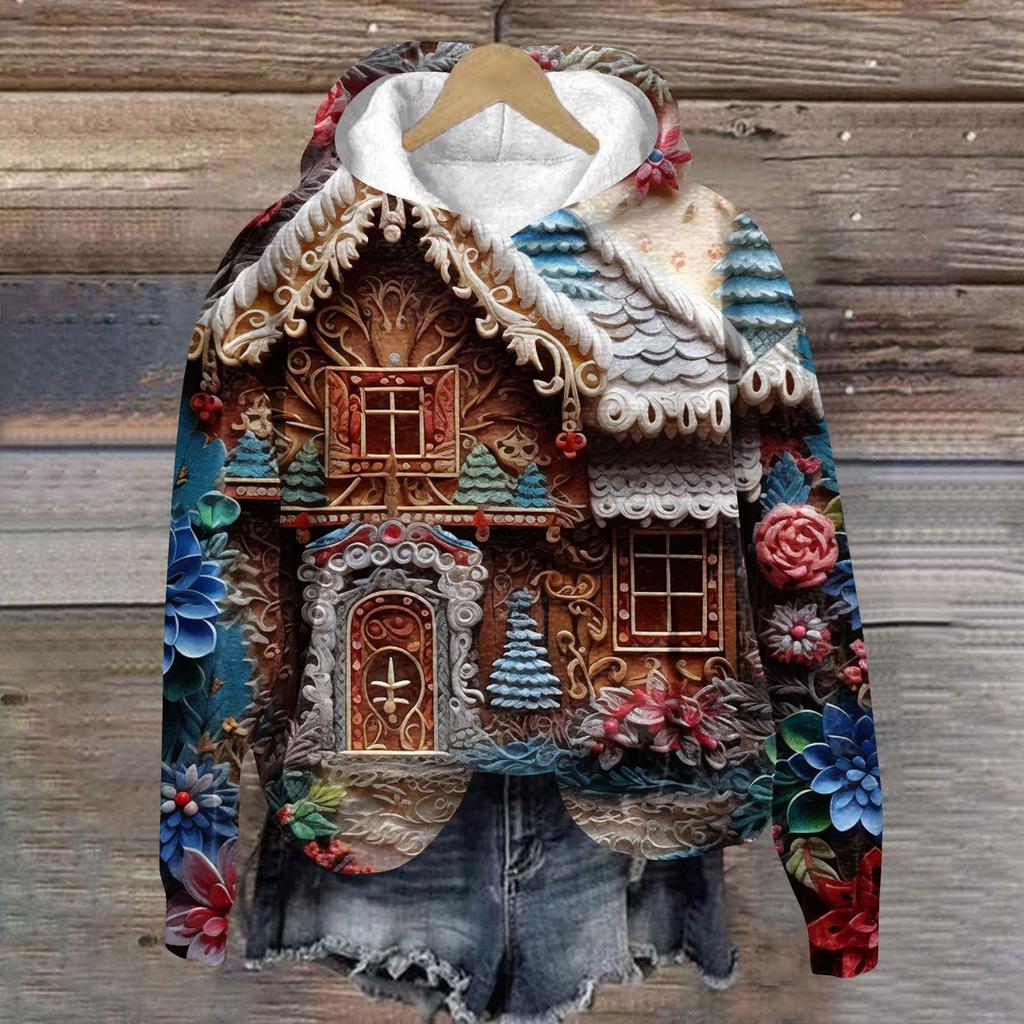 3D Printing Women's Fashion Christmas Print Long Sleeve Loose Hoodie Sweatshirt Top