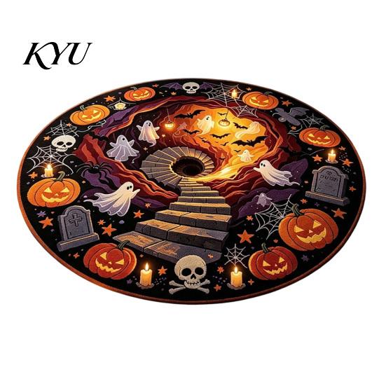 Soft Crystal Velvet Mat 3D Illusion Halloween Rug, Spooky Ghost Round Area Non-Slip Rug Floor for Living Room Bedroom Entrance Home Decor Holiday
