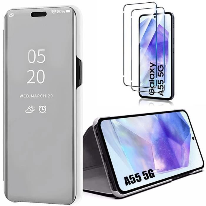 Защитный чехол - BOOLING - для Samsung Galaxy A55 5G - Серебристый - Зеркальный эффект - 2 закаленных стекла в комплекте