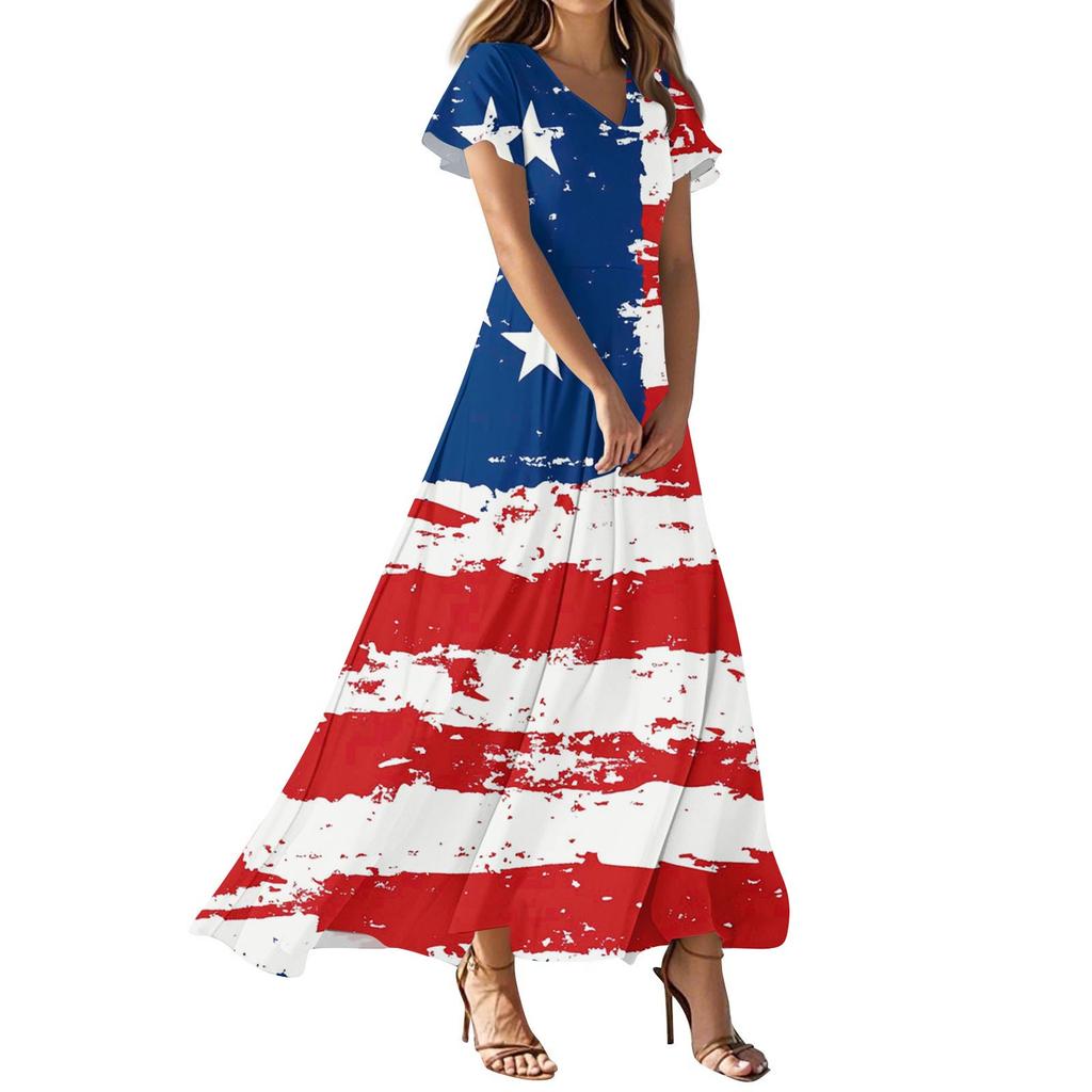 Женские повседневные модные платья с принтом ко Дню независимости, платья с коротким рукавом и V-образным вырезом