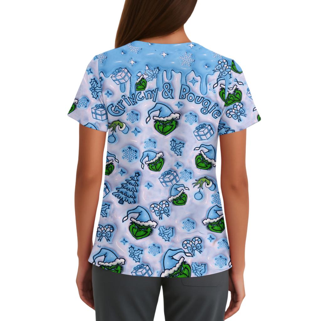 Женская милая блузка с принтом бантиков, рабочая одежда, V-образный вырез, двойной слой, карманы, базовая, с коротким рукавом, пуловер