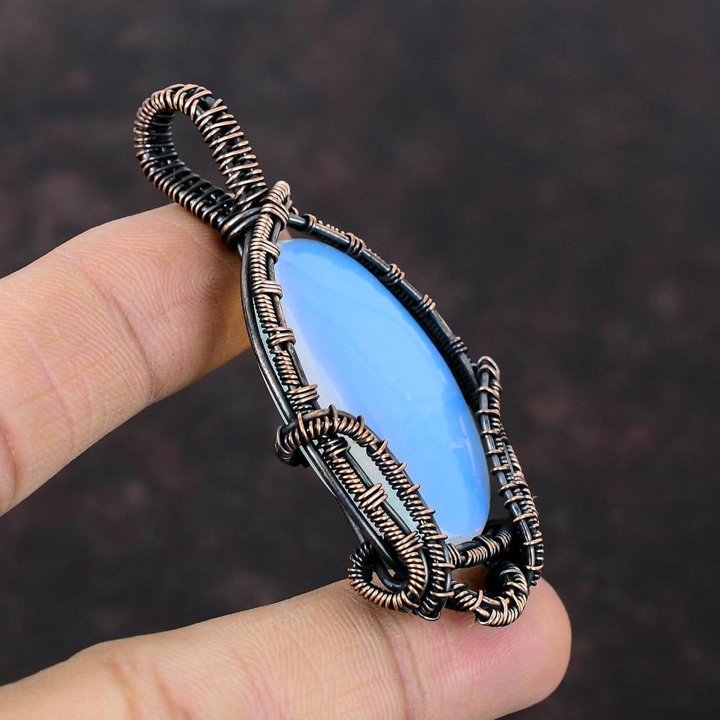 Подвеска из драгоценного камня с молочным опалом, ювелирные изделия из медной проволоки, медный кулон ручной работы, ювелирные изделия из молочного опала, уникальный кулон из проволоки, подарок для нее