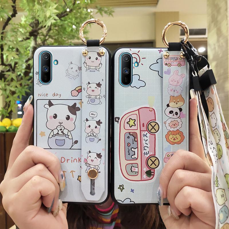 Phone Holder Fashion Design Phone Case For OPPO Realme C3/C3i/Narz N10A Wrist Strap Cute Kickstand Anti-knock Silicone