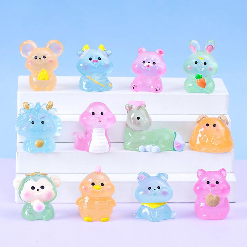 1Pcs Chinese Zodiac Mini Luminous Ornaments Cartoon Animal Resin Ornament Micro Landscape Decoration Diy Desktop Decor