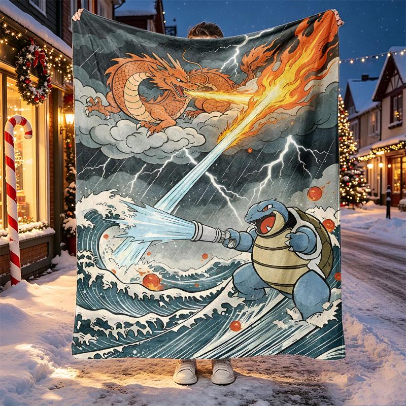 Charizard VS Blastoise Pattern Blanket for Home Decoration, Bed, Sofa, Car Travel, Camping, Suitable for All Seasons, Birthday Christmas Gift