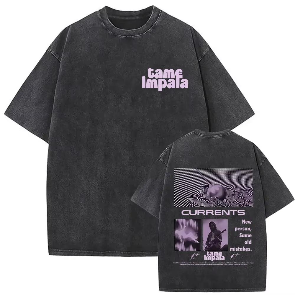 Tame Impala Deadbeat Tour Vintage Washed Tshirts Mens Fashion Harajuku Short Sleeve T Shirts Hip Hop Pop Music Cotton Tees