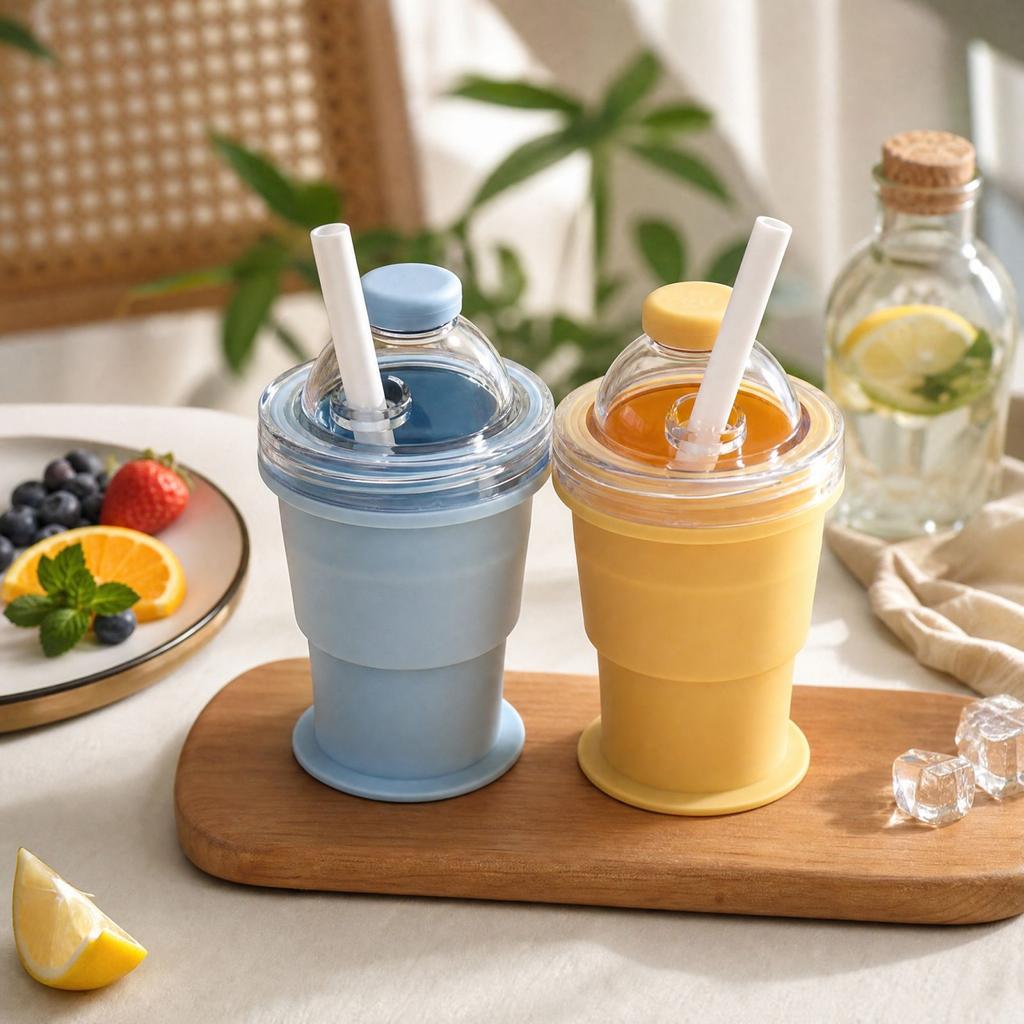 Folding Ice Ball Maker Cup with Straw, Food Grade Silicone Reusable Ice for Summer Outdoor