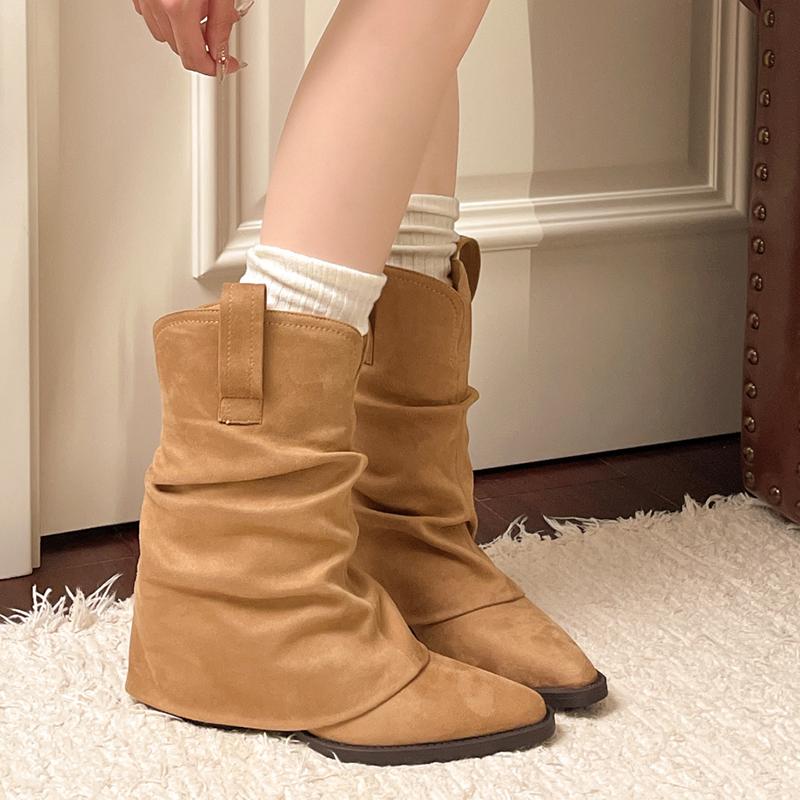 Fashion Autumn Winter Faux Suede Mid Calf Boots Women Plus Size Thick Heels Western Boots Woman Slip On Pointed Toe Riding Botas Mujer