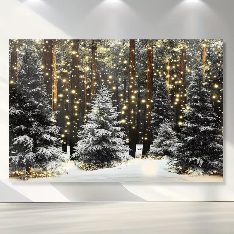 2D Winter Snow Pine Tree Backdrop Glowing Lights Christmas Forest Photo Background Banner