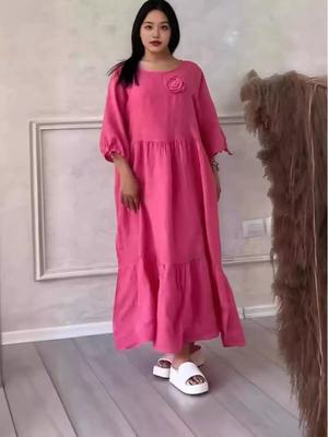 2024 Летнее женское платье через границу с круглым вырезом, длинным рукавом и кулиской, с завязками сзади