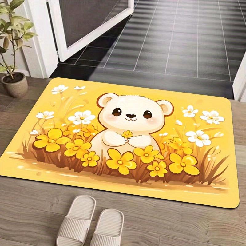 1pc, Cute Cartoon Bear with Flowers, 8mm Thick, Machine Washable, Rectangular Polyester Door Mat, PVC Backing, for Entryway, Lau