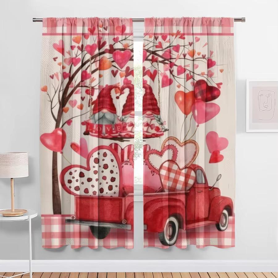 2PCS Multicolor Valentine's Day Gnome Red Truck And Heart Tree Pattern Curtains Rod Pocket Design For Bedroom And Living Room