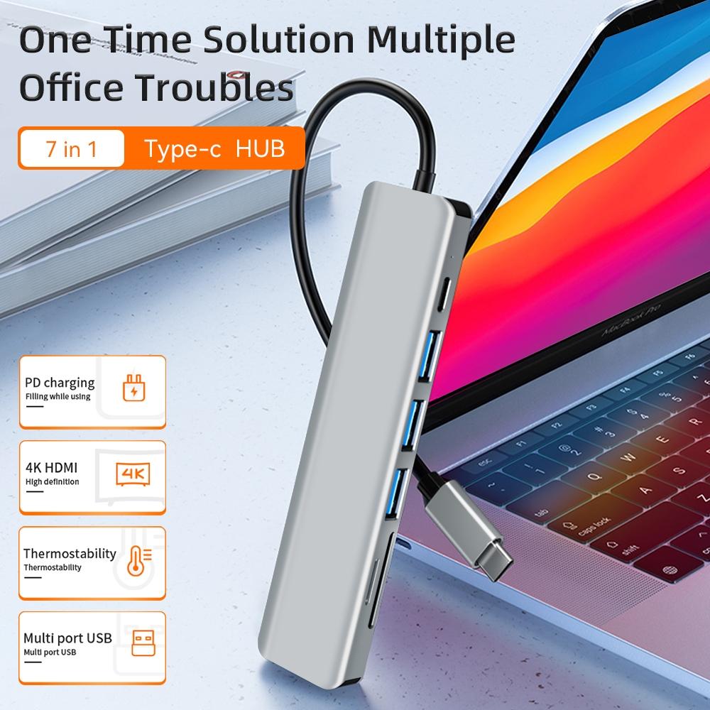 USB C Хаб 7 в 1 Type C на HDMI с картридером SD TF, PD 100 Вт, питание, 4K 60 Гц, HDMI док-станция, 2-USB 2.0 для ноутбука, ПК, Macbook