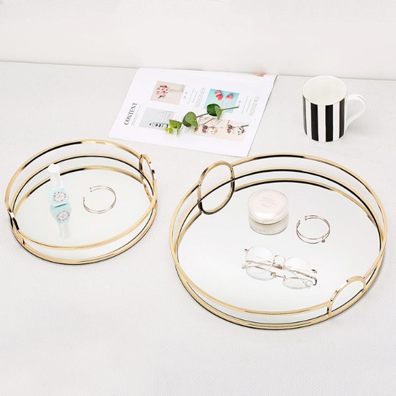 Nordic Light Роскошный стеклянный зеркальный поднос для хранения вещей Золотой железный круглый креативный декор для гостиной Фруктовая косметика Журнальный столик